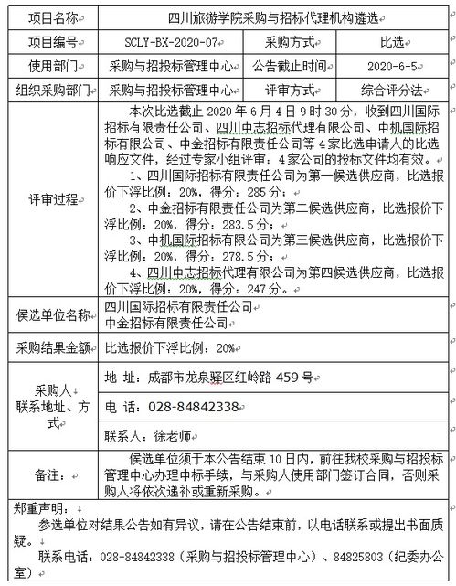 四川旅游學院采購與招標代理機構遴選結果公告 四川旅游學院